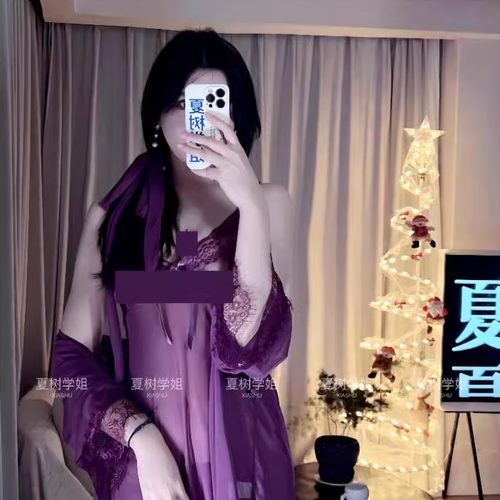 紫罗兰薄纱拼接套装透视性感蕾丝