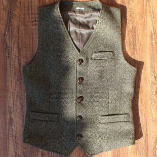 自制秋冬厚美式 收腰显瘦马甲羊绅士背心男V领咔叽 复古人字呢修身