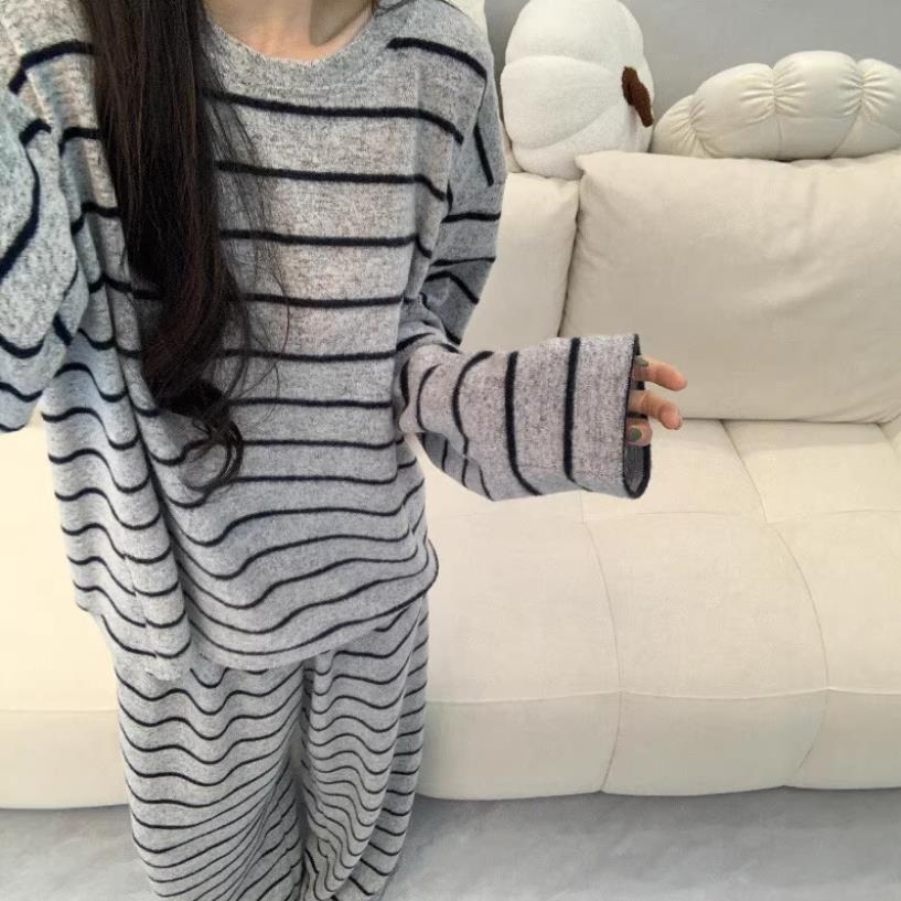ins韩风条纹简约日系德绒睡衣春秋季女款2025新款家居服薄款长袖