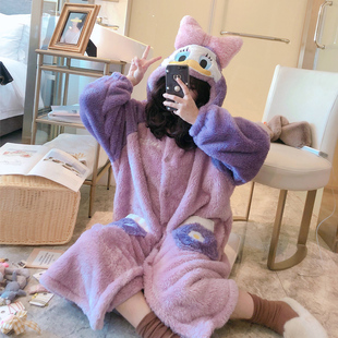 迪士尼加厚长款过膝睡袍珊瑚绒睡衣女冬季毛绒绒浴袍北极绒睡裙