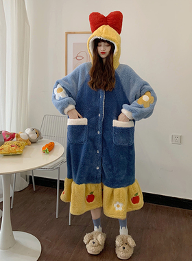 白雪公主加厚长款过膝睡袍珊瑚绒睡衣女冬季毛绒绒浴袍北极绒睡裙