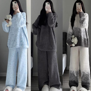 网红风家居服珊瑚绒睡衣女冬季加厚保暖秋冬款毛绒半边绒两件套装