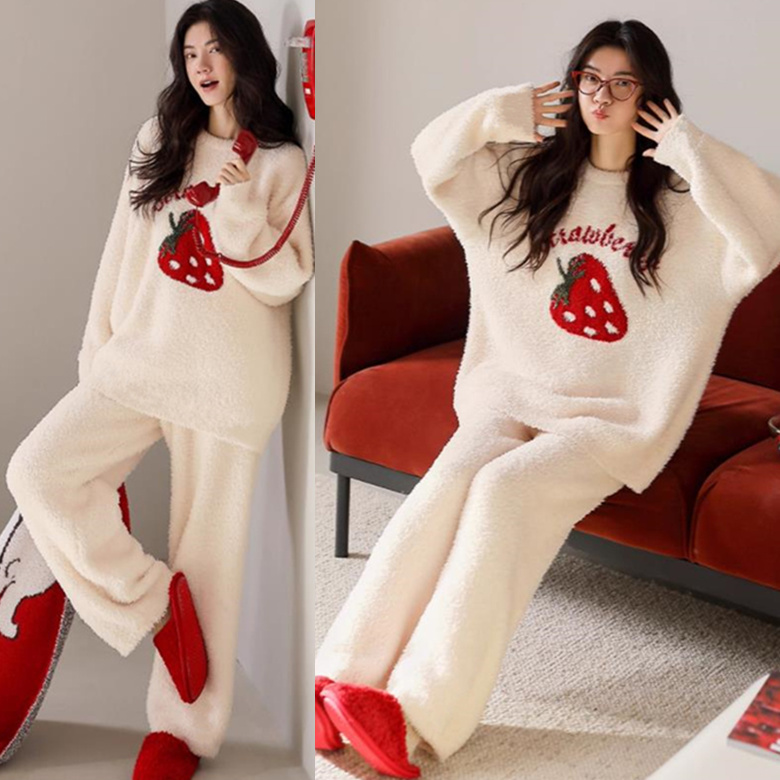 甜美家居服珊瑚绒睡衣女冬季加厚保暖秋冬款毛绒半边绒两件套装