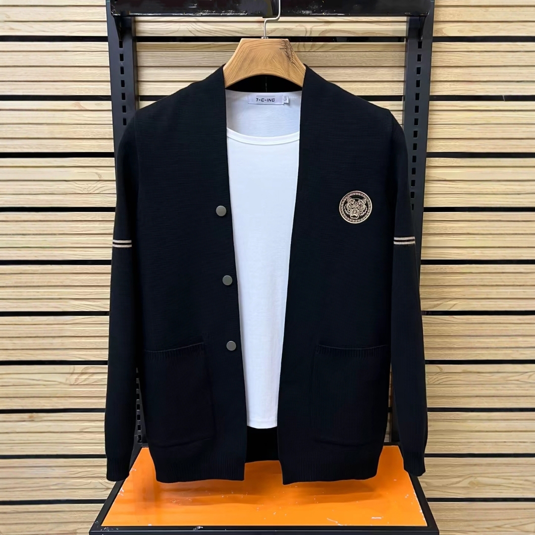 高端黑色针织开衫外套男款秋冬