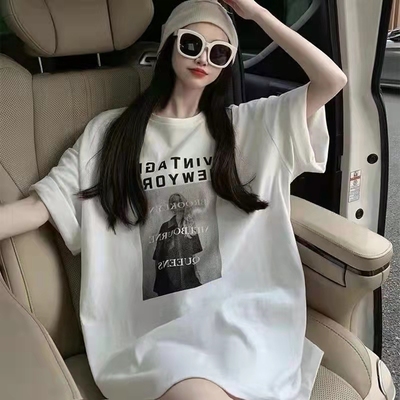 大码短袖T恤女2025新款中长款大版宽松潮牌欧货慵懒风半袖上衣