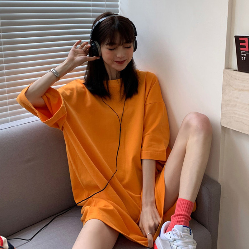 大码短袖T恤女2025新款中长款大版宽松橘色上衣潮牌欧货oversize