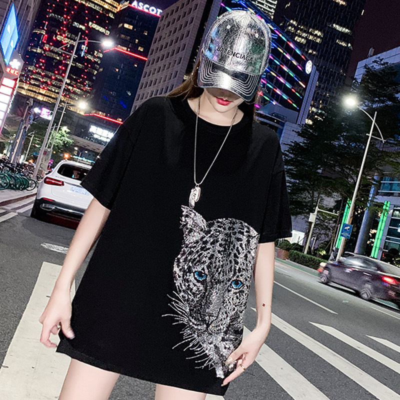 大码女装200斤胖mm重工上衣2025年款烫钻中长款T恤欧版纯棉短袖女