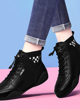 真皮运动鞋女秋冬季新款加绒保暖鞋子女平底飞织高帮休闲跑步鞋女