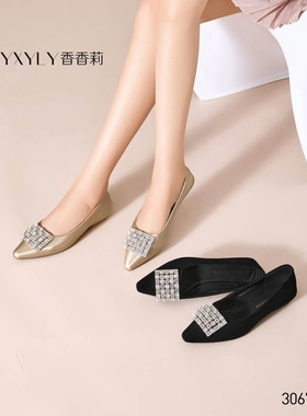 香香莉女鞋2025秋季新款尖头浅口方扣平底单鞋低跟粗跟舒适30675