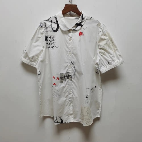 M商场同款女夏宽松印花复古棉质休闲时尚短袖泡泡袖童趣衬衫P200