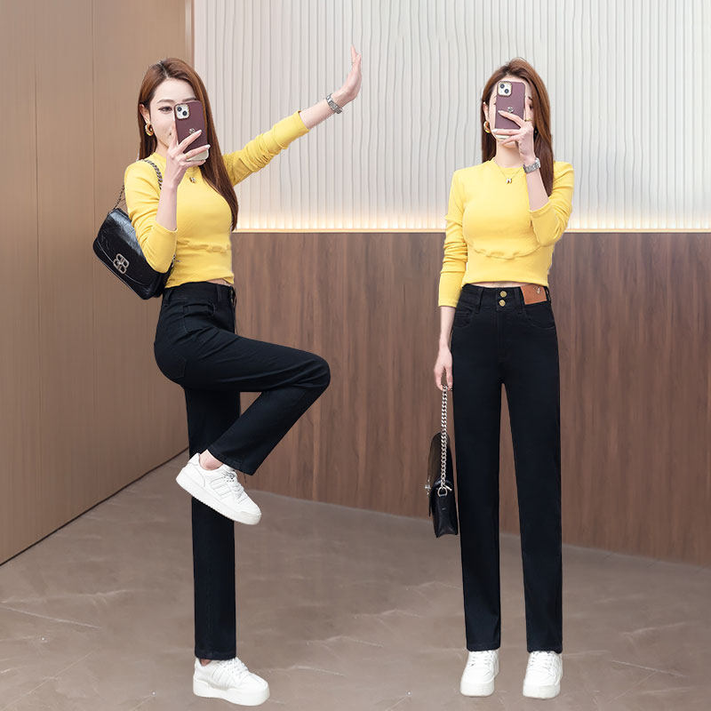 2025秋冬季中年妈妈高腰牛仔裤女新款修身显瘦弹力宽松窄版直筒裤