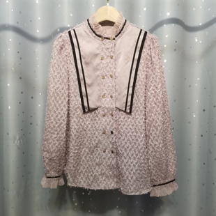 上衣 网纱立领拼色设计感小众荷叶长袖 大版 春秋款