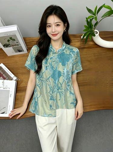 真丝丝绒烧花新中式复古盘扣短袖上衣女2026夏季时尚洋气上衣