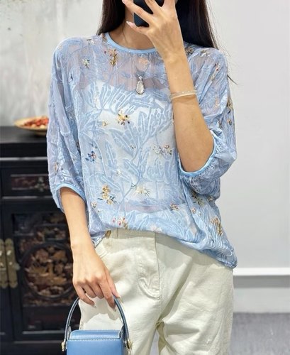 2025春夏秋新款植绒烧花真丝衬衫女七分袖高贵洋气设计感小众上衣