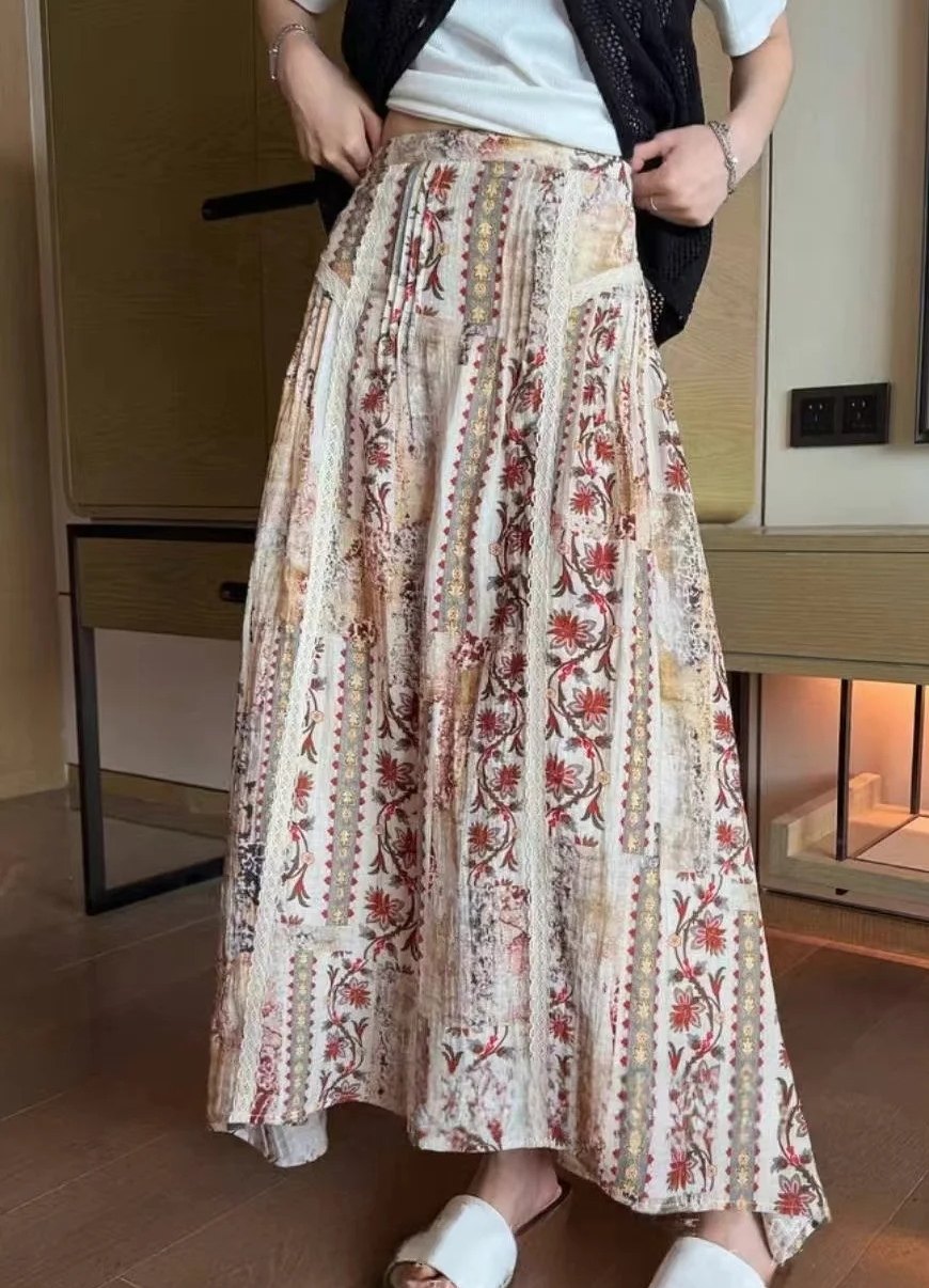 苎麻蕾丝拼接法式复古印花大摆高腰度假风长款半身裙,女装/女士精品,半身裙,淘宝优惠券,粉丝福利购,淘宝优惠卷