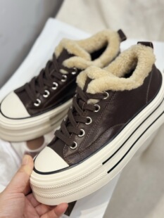 路缇堂娜2025新款真皮厚底帆布鞋女款加绒保暖休闲板鞋