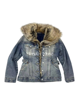 自有工厂/可比对/女士毛领拼接修身收腰复古水洗做旧牛仔夹克外套