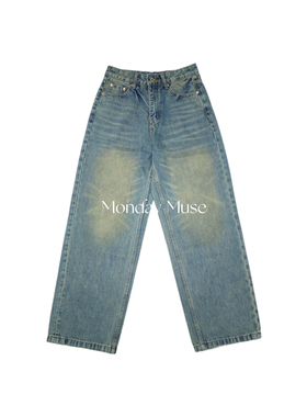 自有工厂/可比对/004中高腰阔版复古做旧直筒牛仔裤百搭休闲长裤