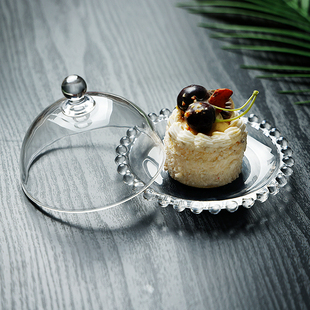 轻奢精致珠点花边蛋糕盘防尘透明玻璃盖水果盘装甜点小吃展示盘