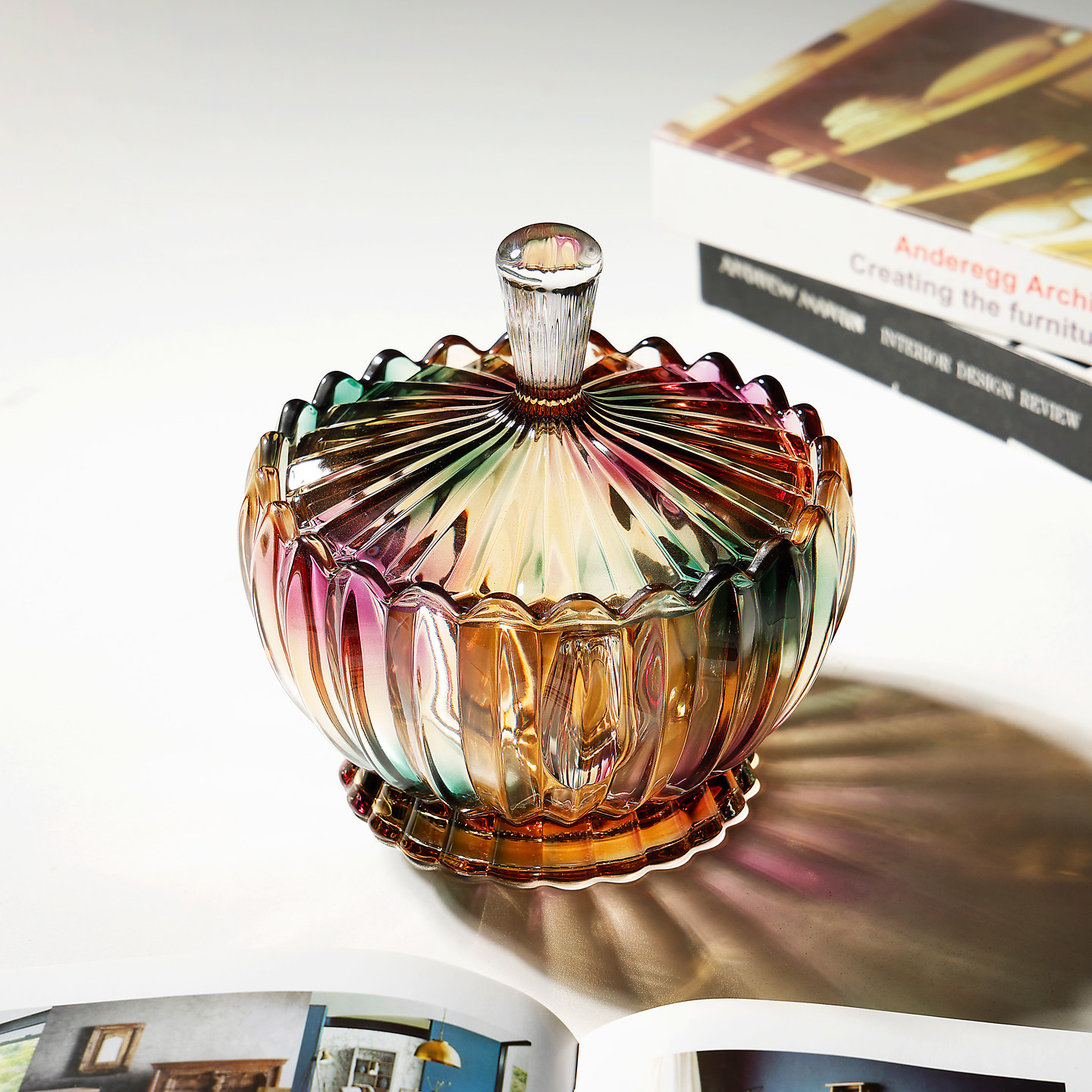 高品质琉璃彩水晶玻璃糖果罐莲花形带盖储物罐糖缸摆件零食干果罐