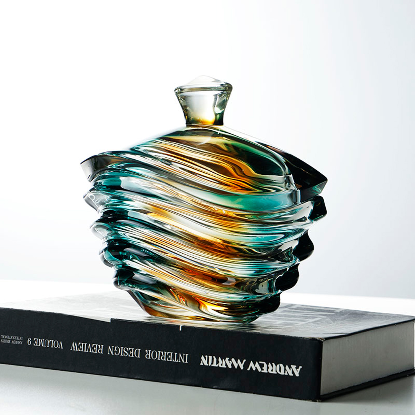 轻奢翡翠金波浪形糖果罐水晶玻璃扁款带盖储物罐现代家居糖缸摆件