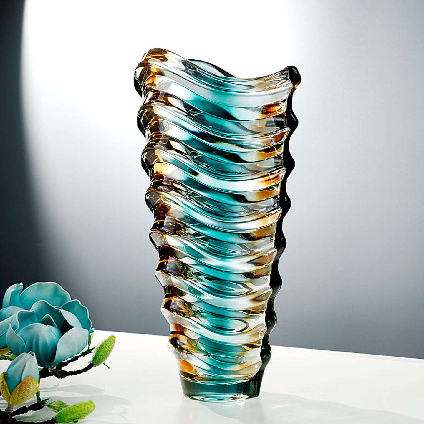 波浪条纹水晶玻璃花瓶渐变翡翠金客厅玄关摆件大号水养富贵竹插花