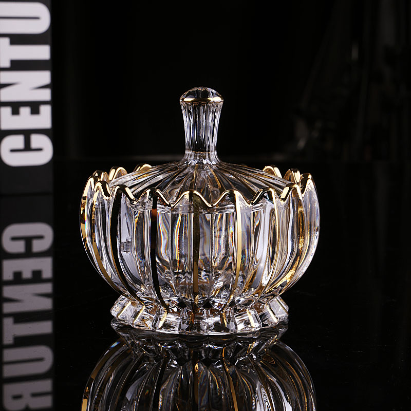 简约条纹描金水晶玻璃带盖糖果罐