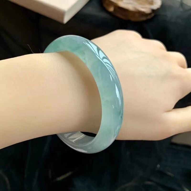 A货缅甸翡翠手镯冰种蓝水玉手镯通透高冰玉镯子真品送礼
