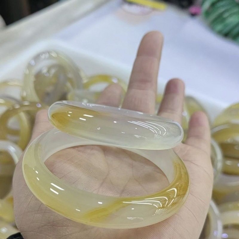 翡翠手镯天然高冰种马料冰糖雪梨柠檬黄色渐变玉髓手镯女款糖玛瑙