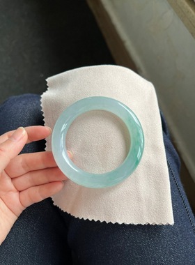 冰种飘绿花正圈翡翠手镯天然缅甸A货白底青圆条贵妃玉镯女款带证