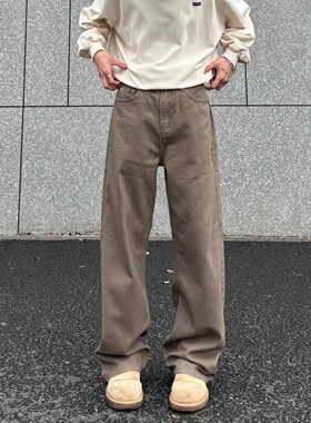 男士咖啡色直筒阔腿牛仔裤男夏薄款美式复古leanfit垂感休闲裤子