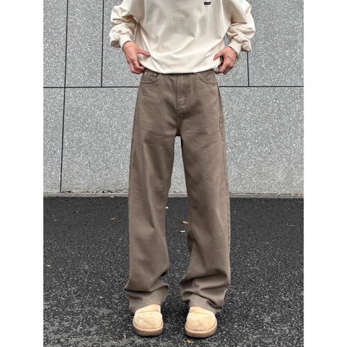 男士咖啡色直筒阔腿牛仔裤夏薄款