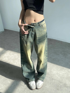 赢了美式黄泥染微喇叭阔腿牛仔裤男女高街休闲复古小众hiphop裤子