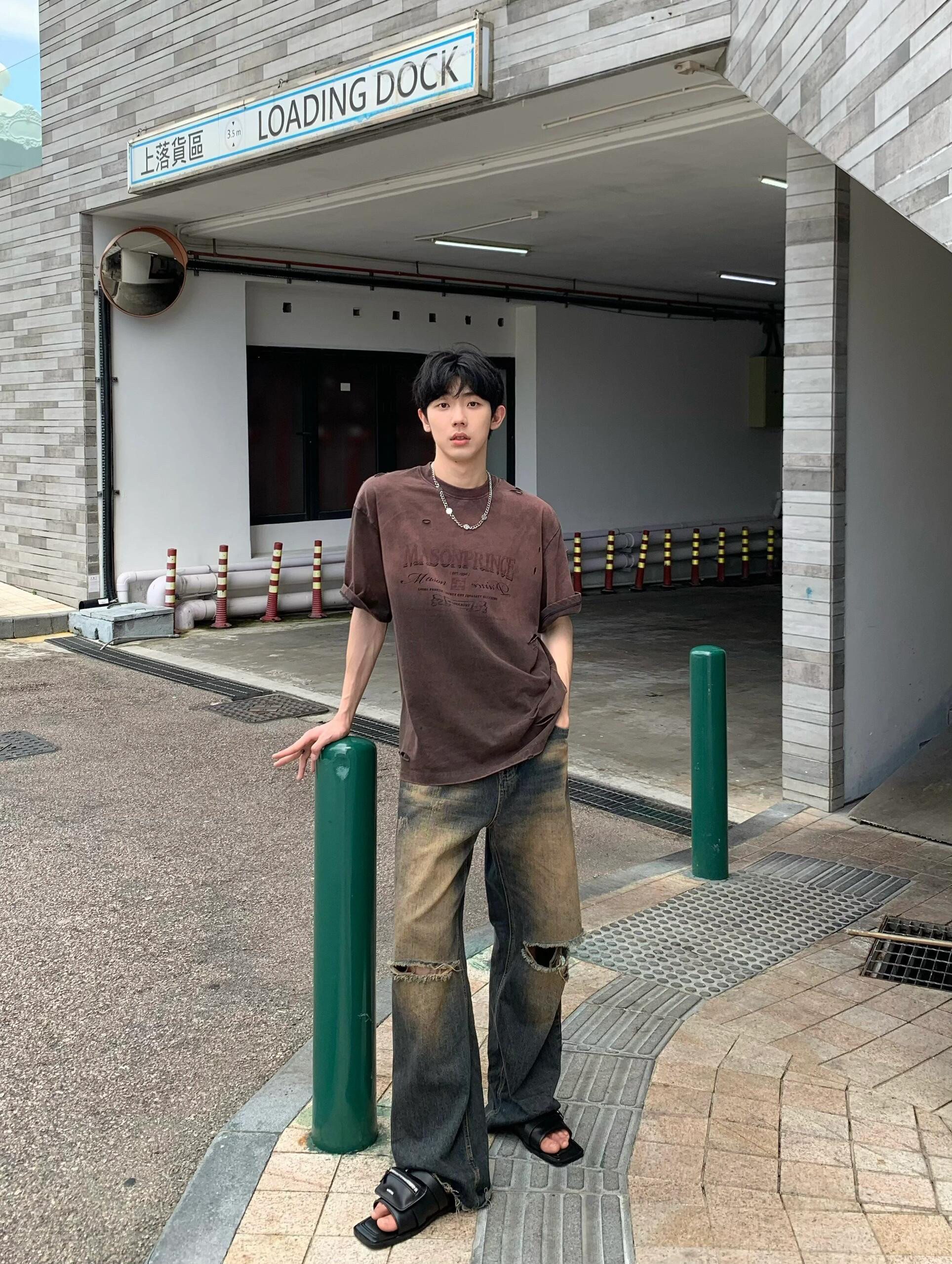 cleanfit高街复古做旧水洗蓝色破洞牛仔裤男女美式拉链设计长裤