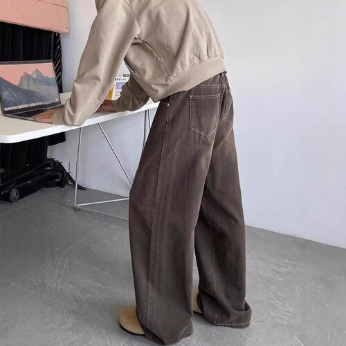 美式洗染棕牛仔裤男春潮牌lean