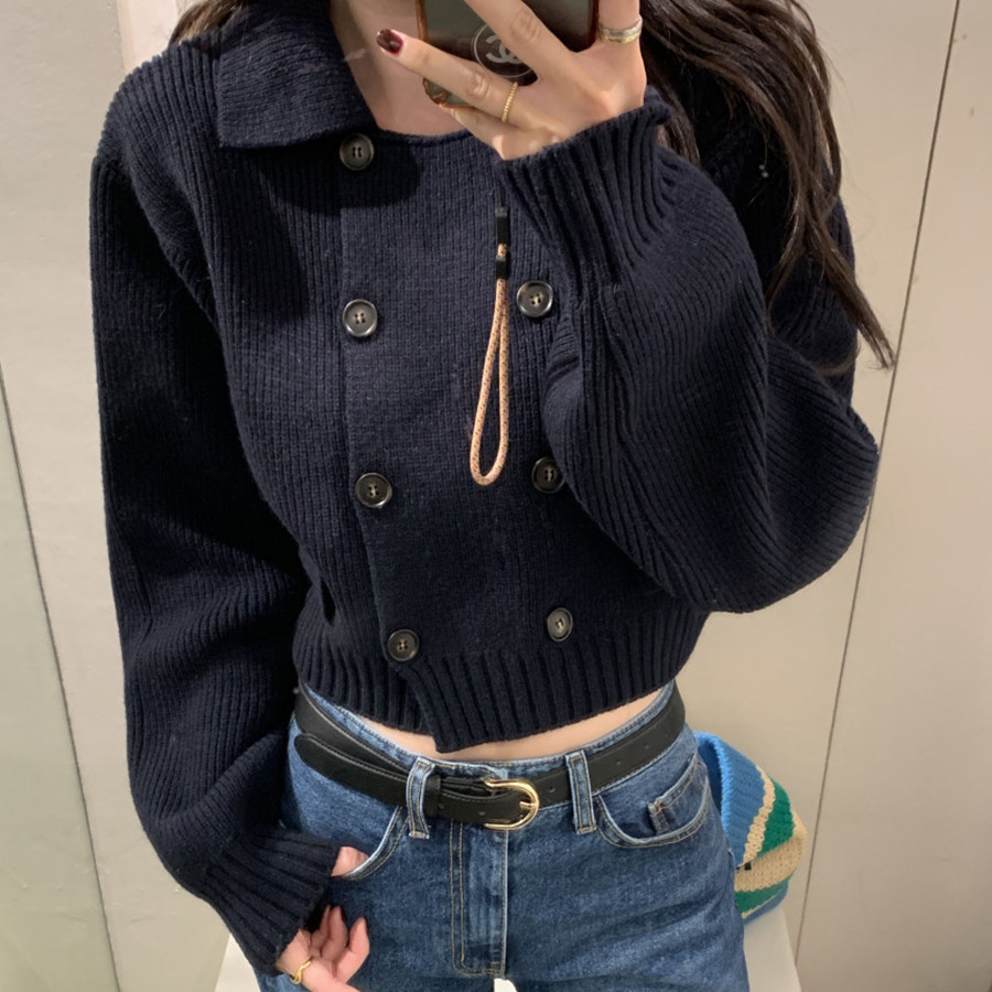 2024秋冬新款百搭设计感双排扣翻领假口袋短裤针织开衫毛衣外套女,女装/女士精品,毛衣,淘宝优惠券,粉丝福利购,淘宝优惠卷