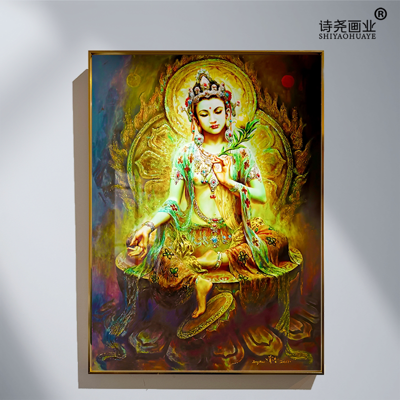 绿度母画像有框挂画观音化身绿度母挂墙唐卡敦煌飞天网红精美佛像图片