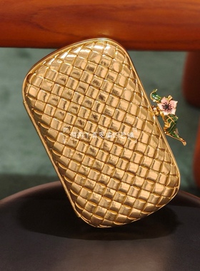 年会包Kont真皮编织立体花朵造型绿叶点缀浪漫甜美晚宴包女手拿包