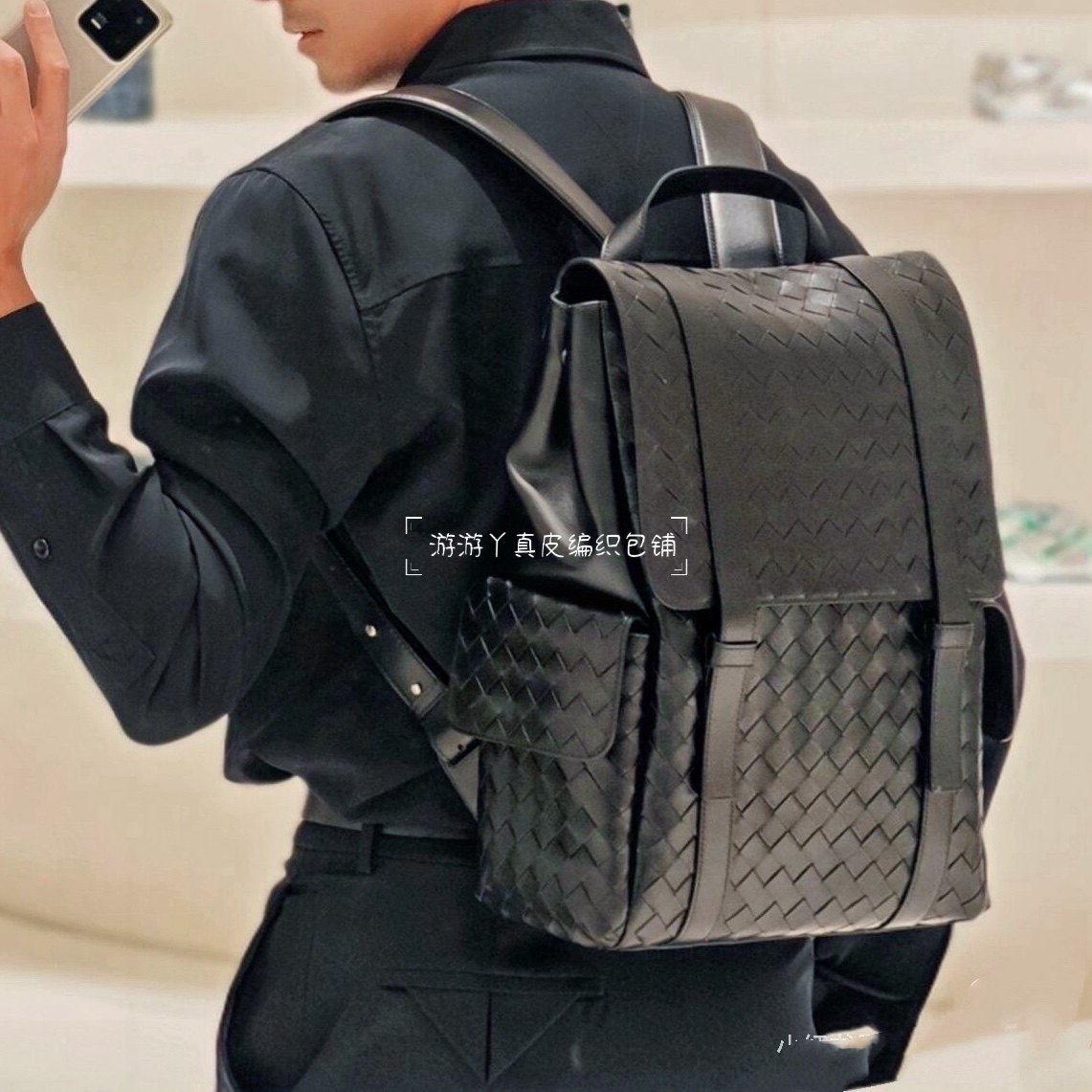 英伦风男女通用双肩包小牛皮编织商务通勤真皮大容量休闲旅行书包