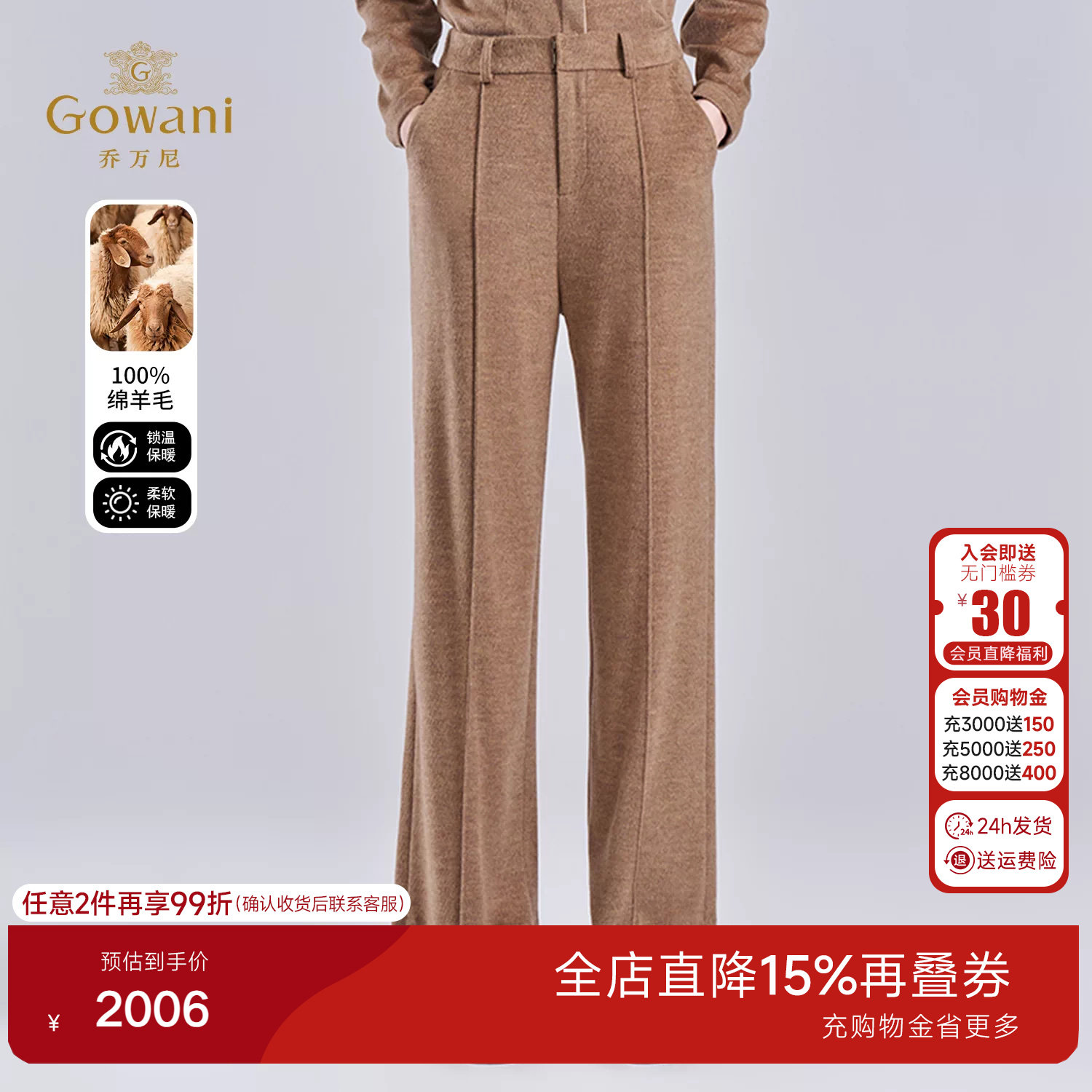 乔万尼老钱风绵羊毛秋冬保暖裤女高腰直筒气质休闲裤ED4F738