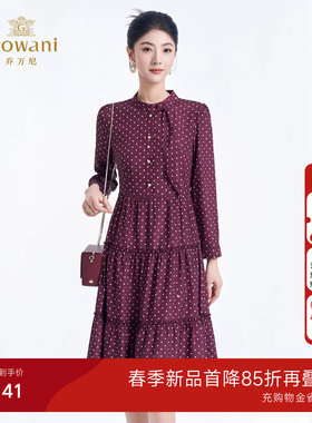 乔万尼复古波点连衣裙女2026长袖收腰荷叶边气质裙子ED3E221