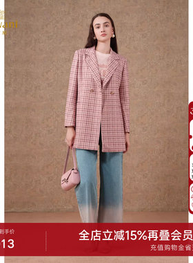 乔万尼2026春新品中长款条纹格小香风西装外套气质高级感ET3B610