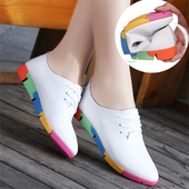 妈妈单鞋 小白鞋 学生鞋 轻便鞋 女系带尖头真皮休闲运动平底板鞋 秋鞋