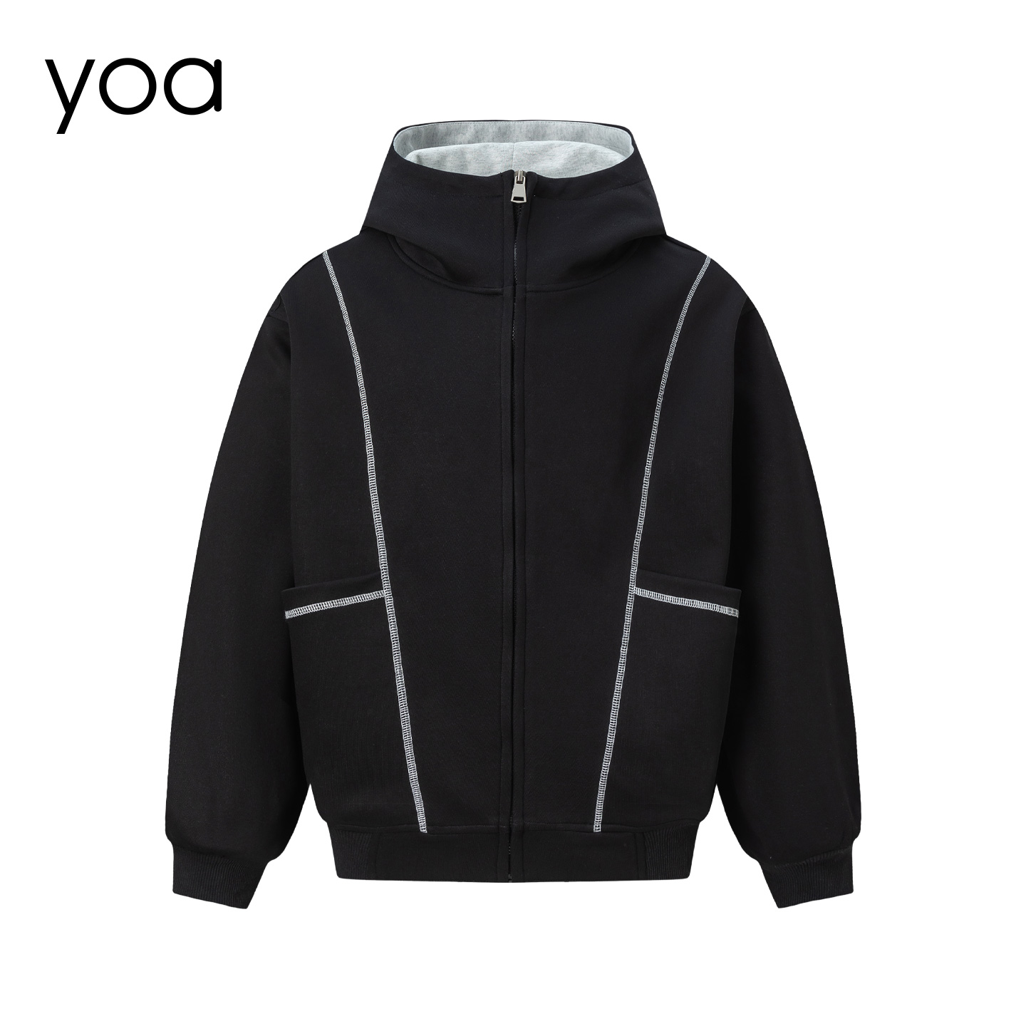 YOA美式复古分割线条连帽卫衣男