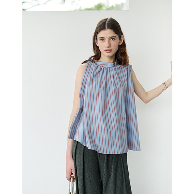 SOMETHING 蓝红条纹 不对称设计精梳棉背心上衣