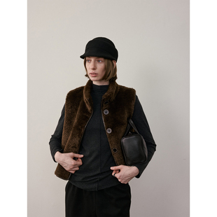 SOMETHING 咖棕色环保皮草马甲 时髦复古立领麂皮拼皮两穿外套