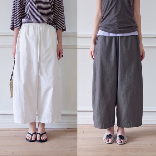 SOMETHING 复古双纱粗斜纹棉 全松紧腰宽松阔腿长裤2色