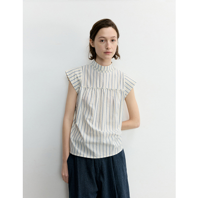 简约立领无袖肌理感纯棉蓝白条纹