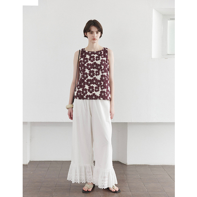 SOMETHING  松紧腰棉花边休闲直筒长裤