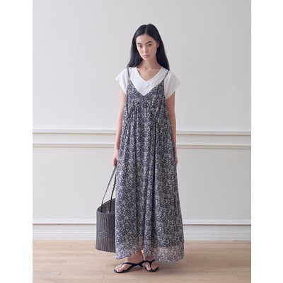 SOMETHING 黑灰色小碎花 v领显瘦百搭法式吊带连衣裙可调节